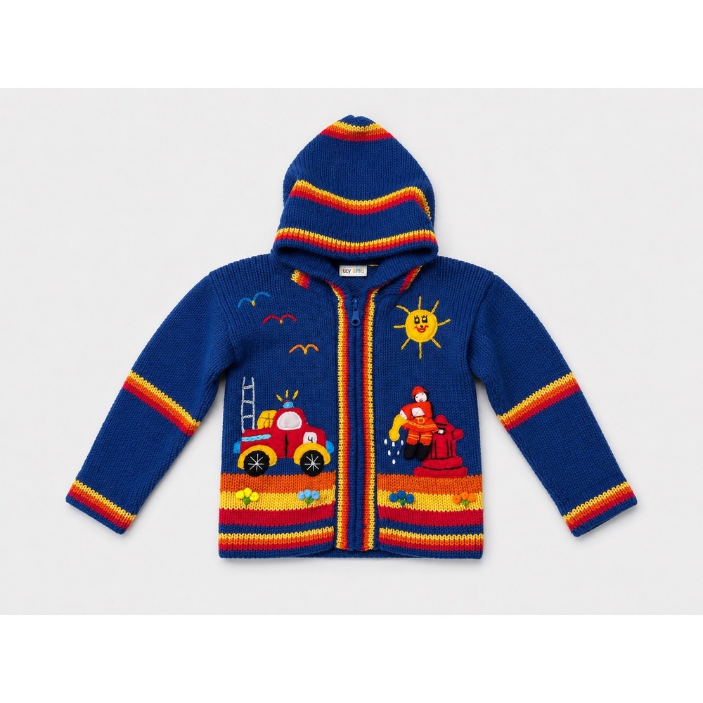 Lucy Iburg Kids Blue‎ Fire Truck Firefighter Hand Knit Zip Hoodie Sweater Size 2